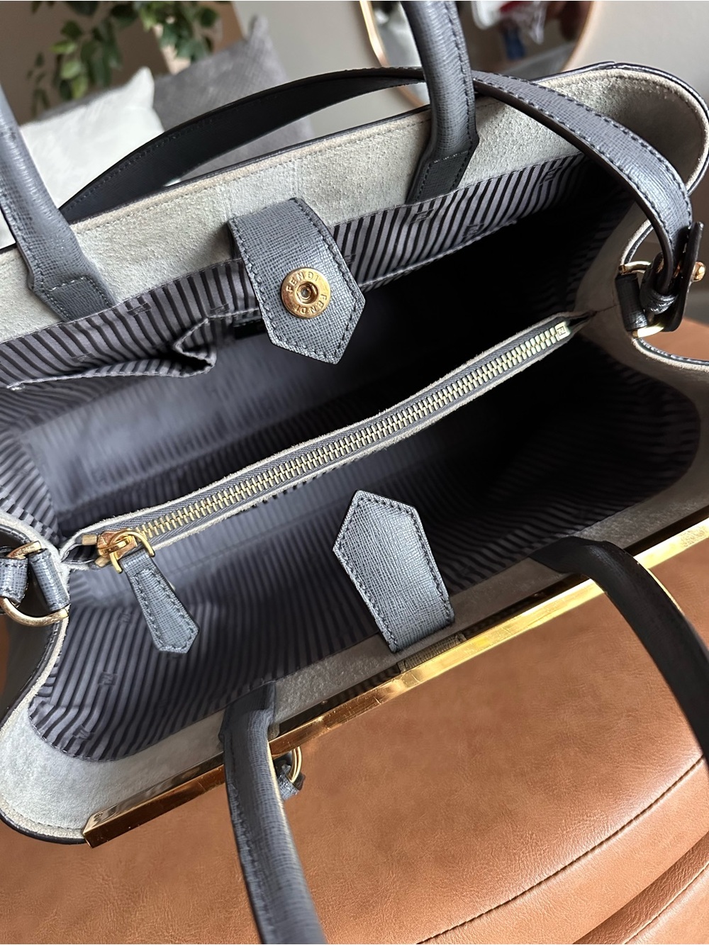 Fendi 2Jours Gray Leather Large Tote Bag Satchel Crossbody Strap Authentic - Picture 5 of 12